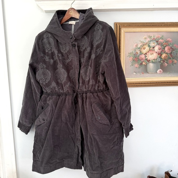 WRAP London| Hooded Cord  Embroidered Coat Cotton US 16 UK 20 Gray Mayflower - Picture 1 of 10
